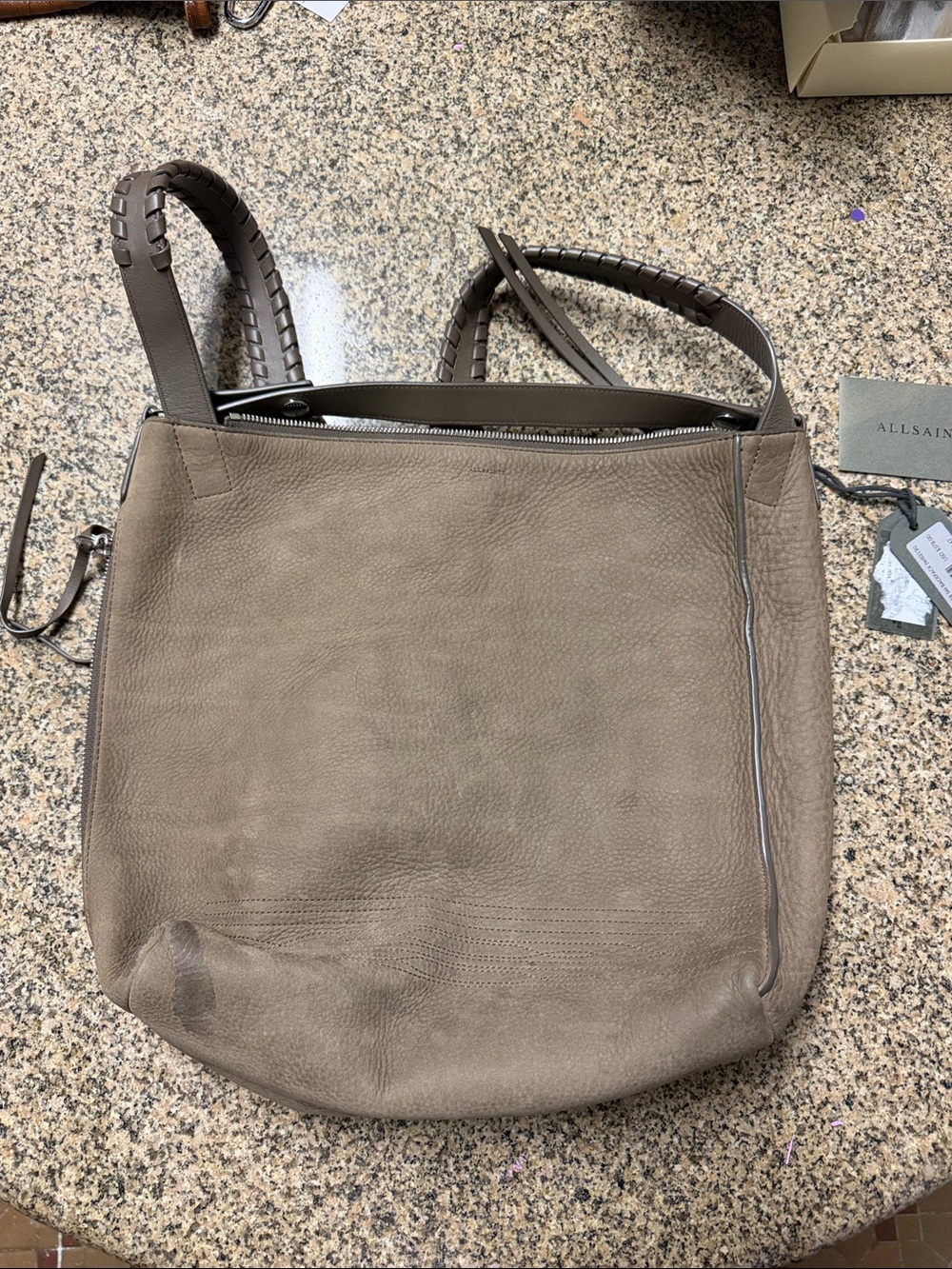 All Saints Taupe Braided-Handle Leather Shoulder Bag
